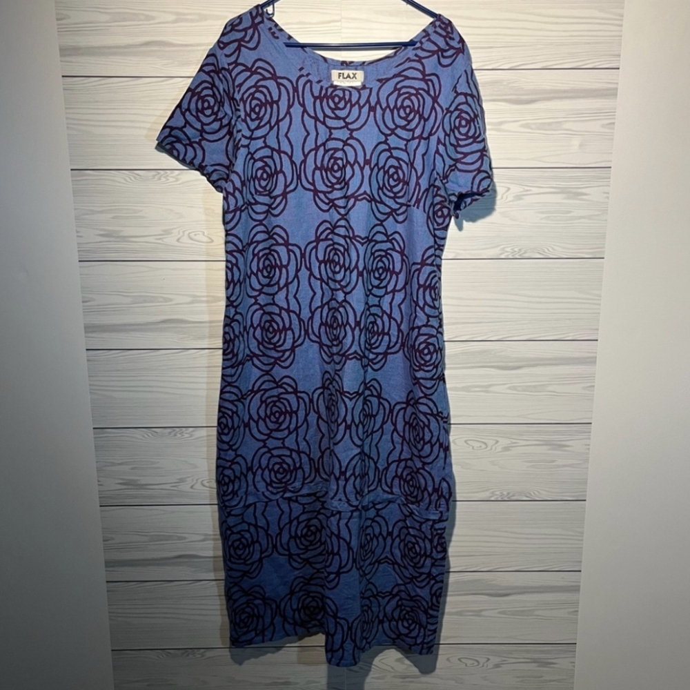 FLAX Linen Maxi Dress Blue Purple Flower Design Large